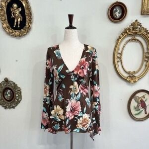 Vintage Mandee Y2K Floral Milkmaid Top Brown Pink Fairycore Sharkbite Hem Medium